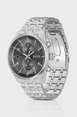 Link-bracelet chronograph watch with grey dial, Silver