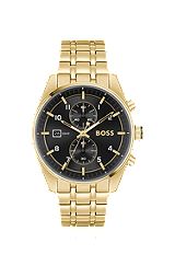 Link-bracelet chronograph watch with black dial, Gold