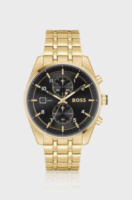 Chronograph mit Gliederarmband und schwarzem Zifferblatt, Gold