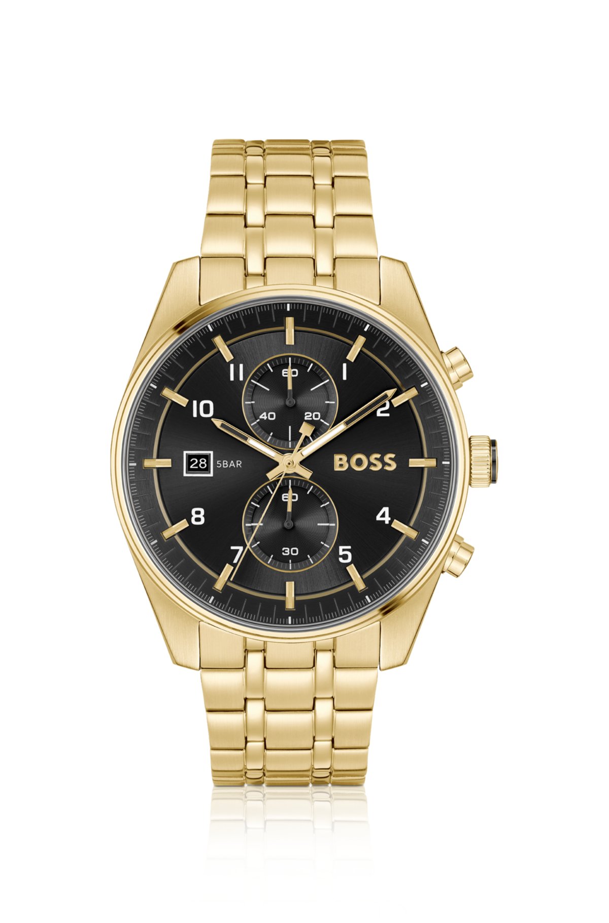 Link-bracelet chronograph watch with black dial, Gold