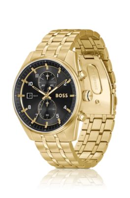 Skytraveller Link-bracelet chronograph watch with black dial, Gold
