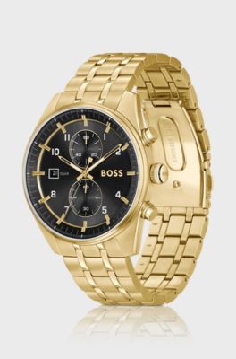 Skytraveller Link-bracelet chronograph watch with black dial, Gold