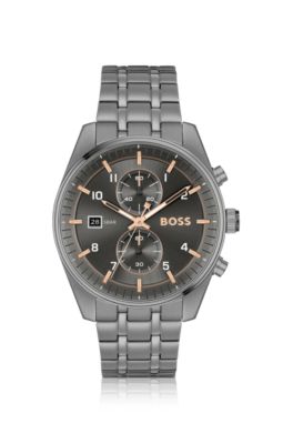 BOSS - Grey-plated chronograph watch with gold-tone details