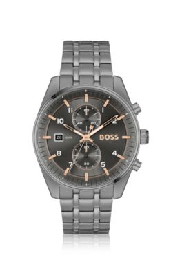 BOSS Grey plated chronograph watch with gold tone details Grey