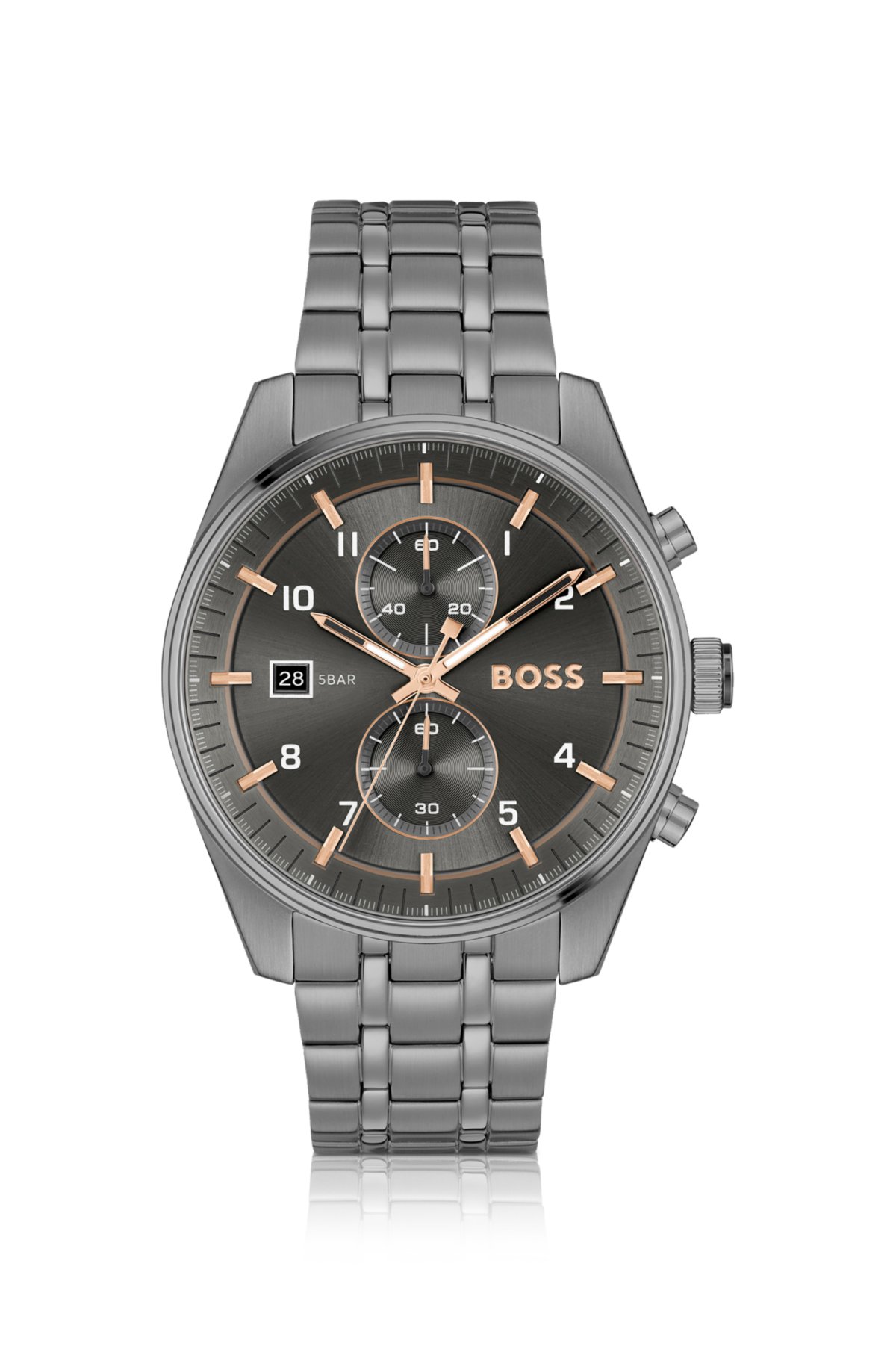 Grey-plated chronograph watch with gold-tone details, Grey