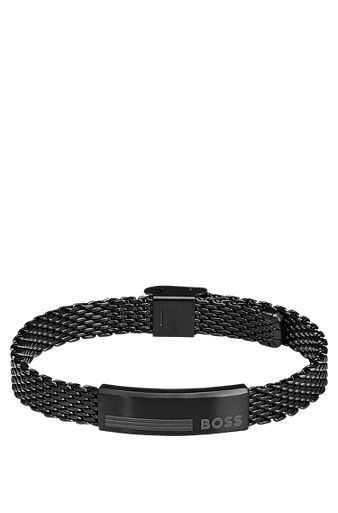 Schwarzes Mesh-Armband aus Edelstahl mit Logo-Plakette, Schwarz