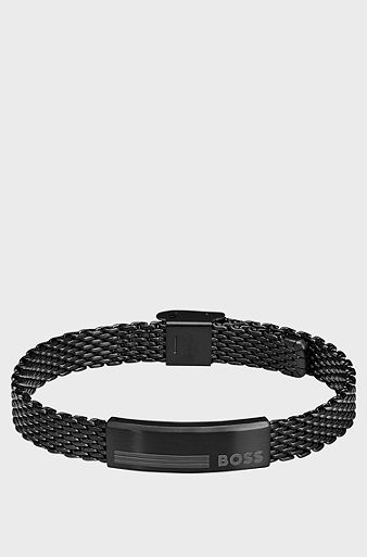 Black-steel mesh cuff with logo plate, Black