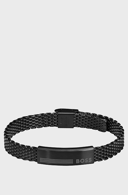 Black-steel mesh cuff with logo plate, Black