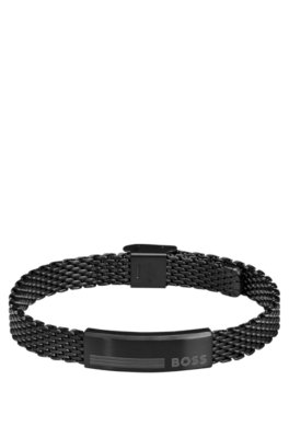 Bracelet en maille milanaise d’acier noir avec plaquette logotée