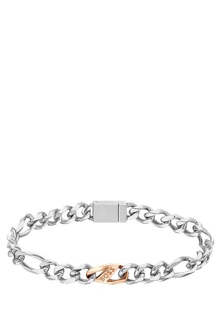 Stainless-steel figaro-chain cuff with contrast branded link, Silver tone