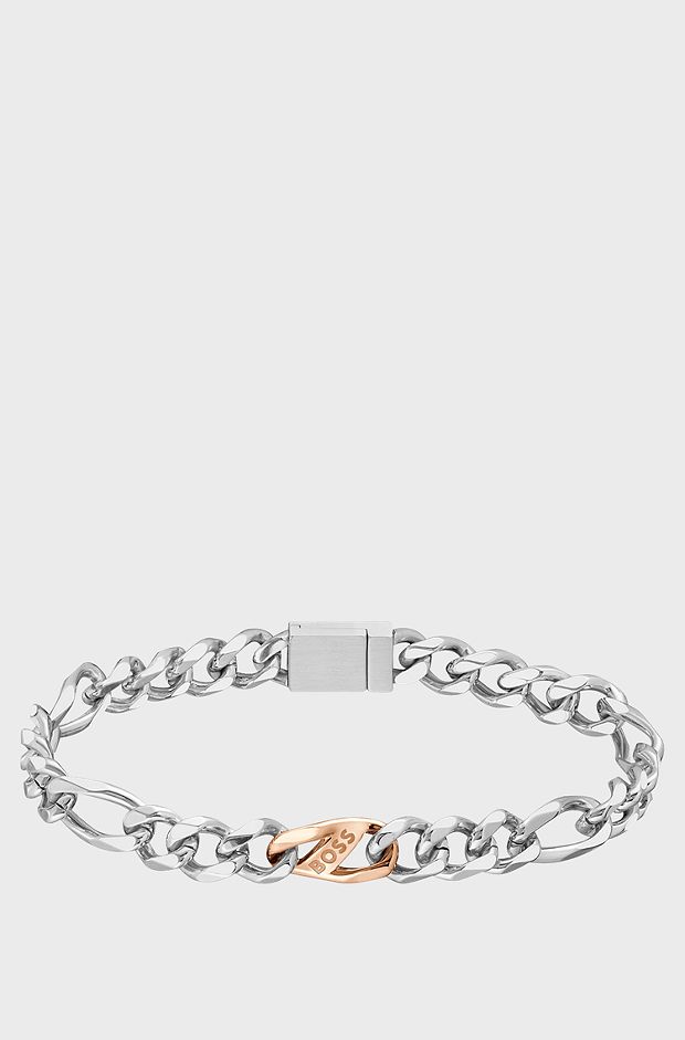Stainless-steel figaro-chain cuff with branded link, Silver tone