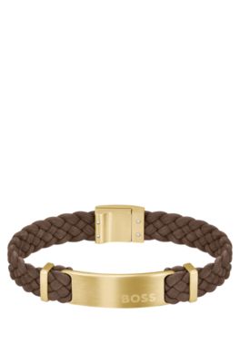 Brown-suede braided cuff with logo plate , Brown