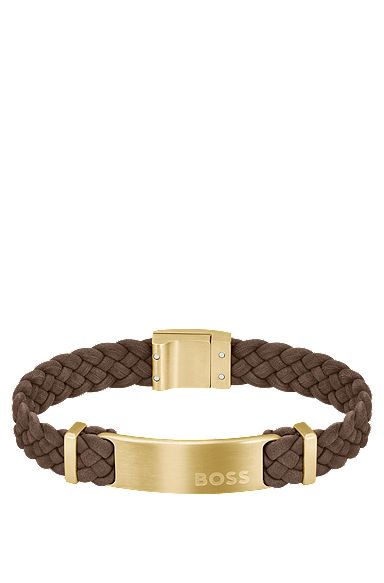 Brown-suede braided cuff with logo plate, Brown