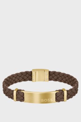 Brown-suede braided cuff with logo plate , Brown