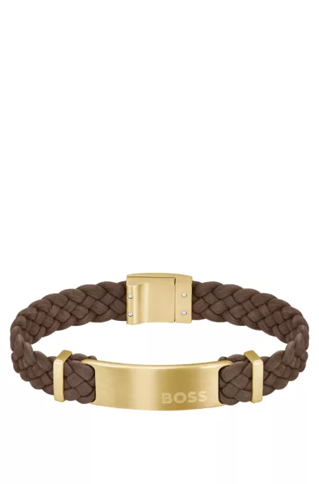 Brown-suede braided cuff with logo plate