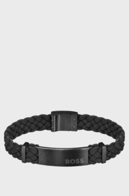 Bracelet tress&eacute; en cuir su&eacute;d&eacute; noir avec plaquette logo, Noir