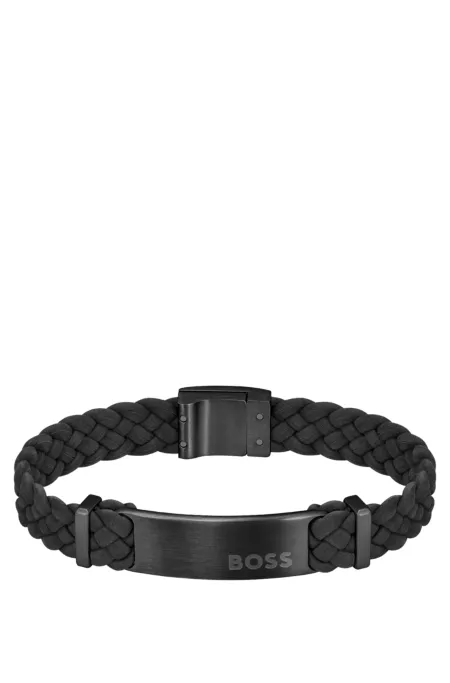 Bracelet tressé en cuir suédé noir avec plaquette logo