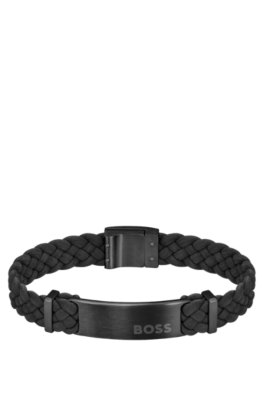 Bracelet tressé en cuir suédé noir avec plaquette logo