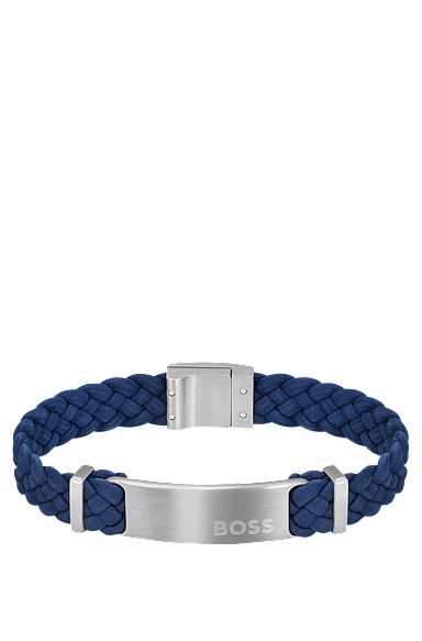 Blue-suede braided cuff with logo plate, Dark Blue