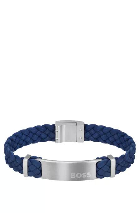 Blue-suede braided cuff with logo plate
