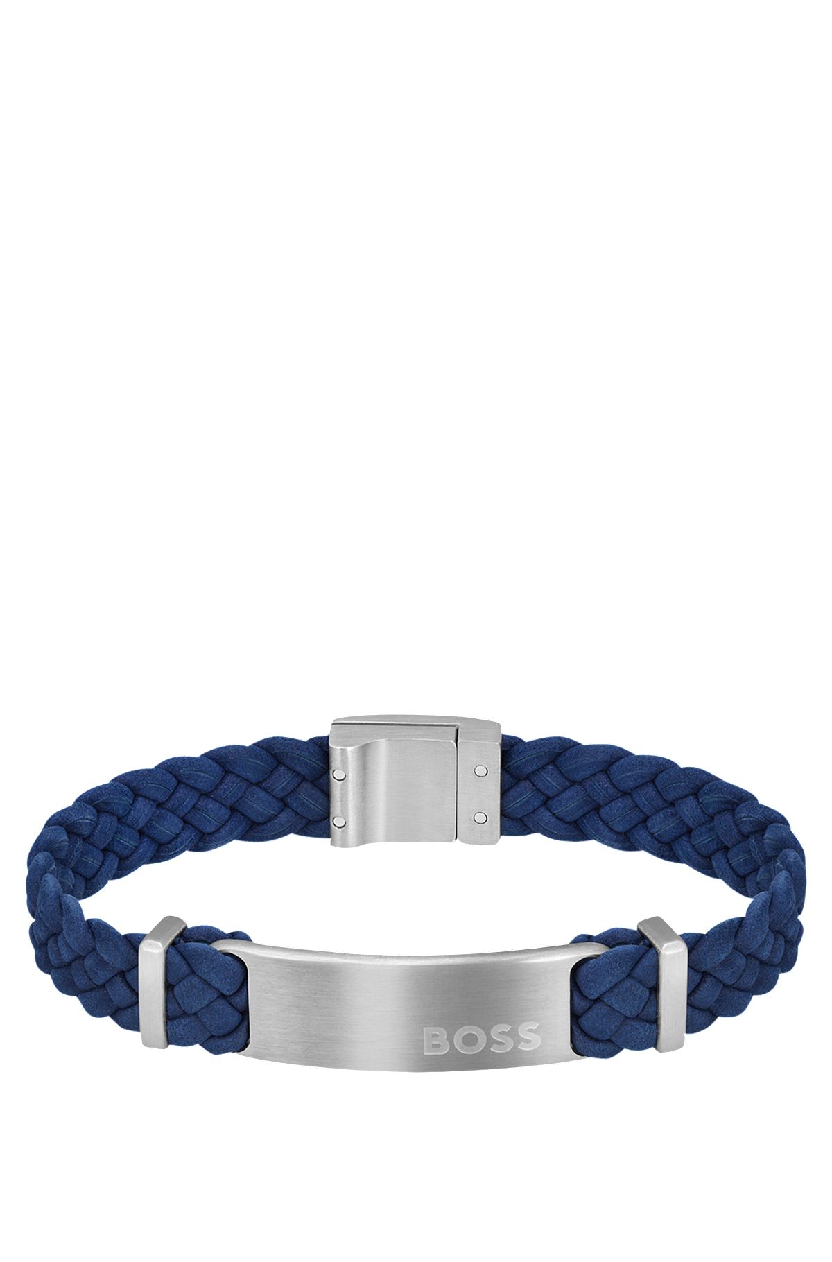 Blue-suede braided cuff with logo plate, Blue