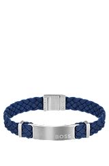 Bracelet tressé en cuir suédé bleu avec plaquette logo, Bleu