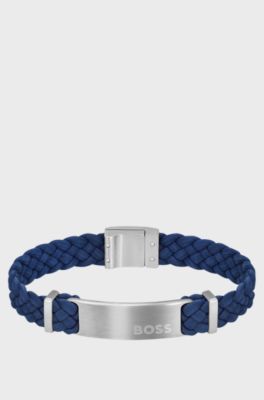 Blue-suede braided cuff with logo plate, Blue