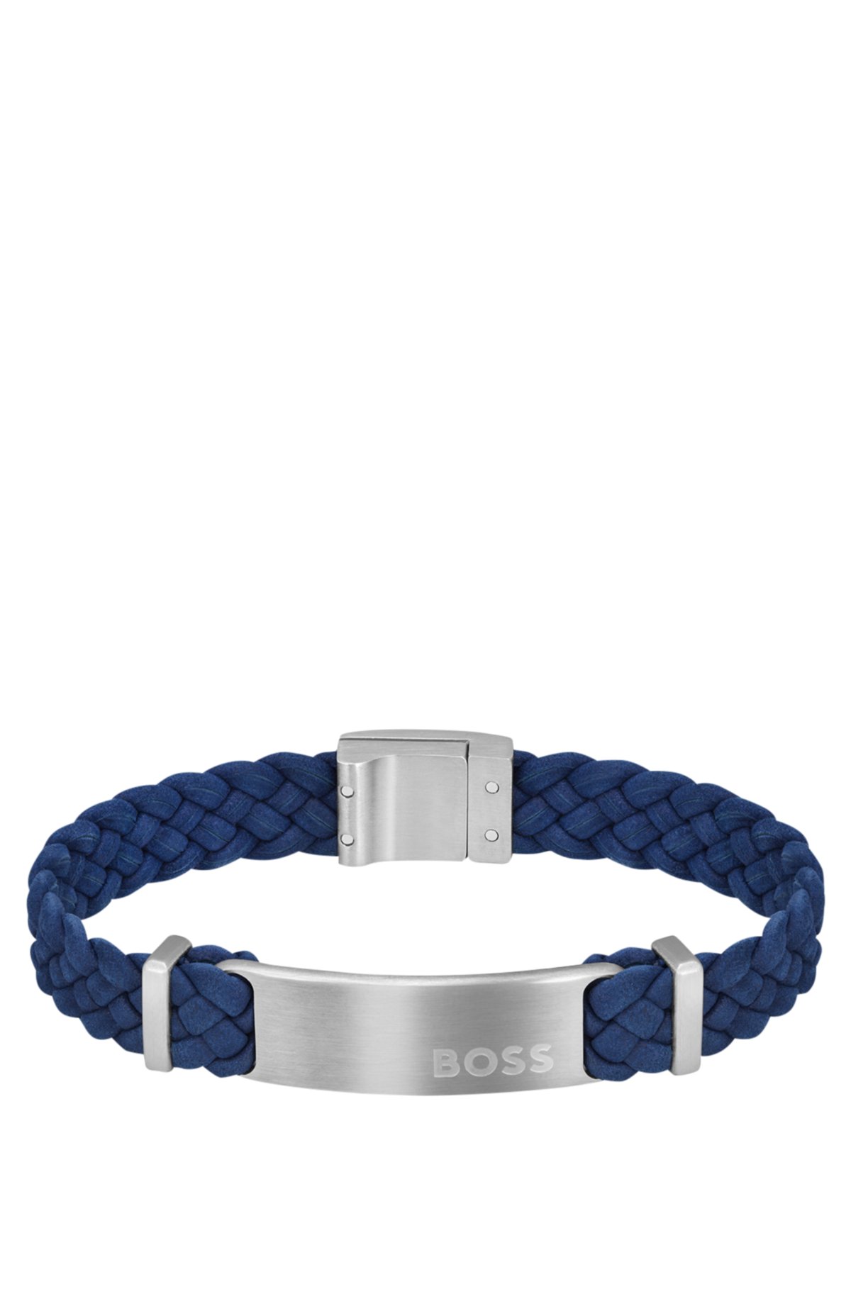 Blue-suede braided cuff with logo plate, Blue