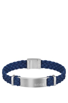 Bracelet tressé en cuir suédé bleu avec plaquette logo