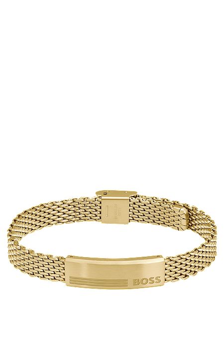 Gold-tone mesh cuff with logo plate, Gold tone