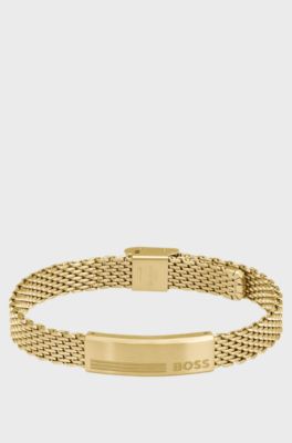 Gold-tone mesh cuff with logo plate, Gold tone