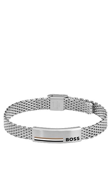 Stainless-steel mesh cuff with signature plate, Silver tone