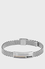 Stainless-steel mesh cuff with signature plate, Silver tone