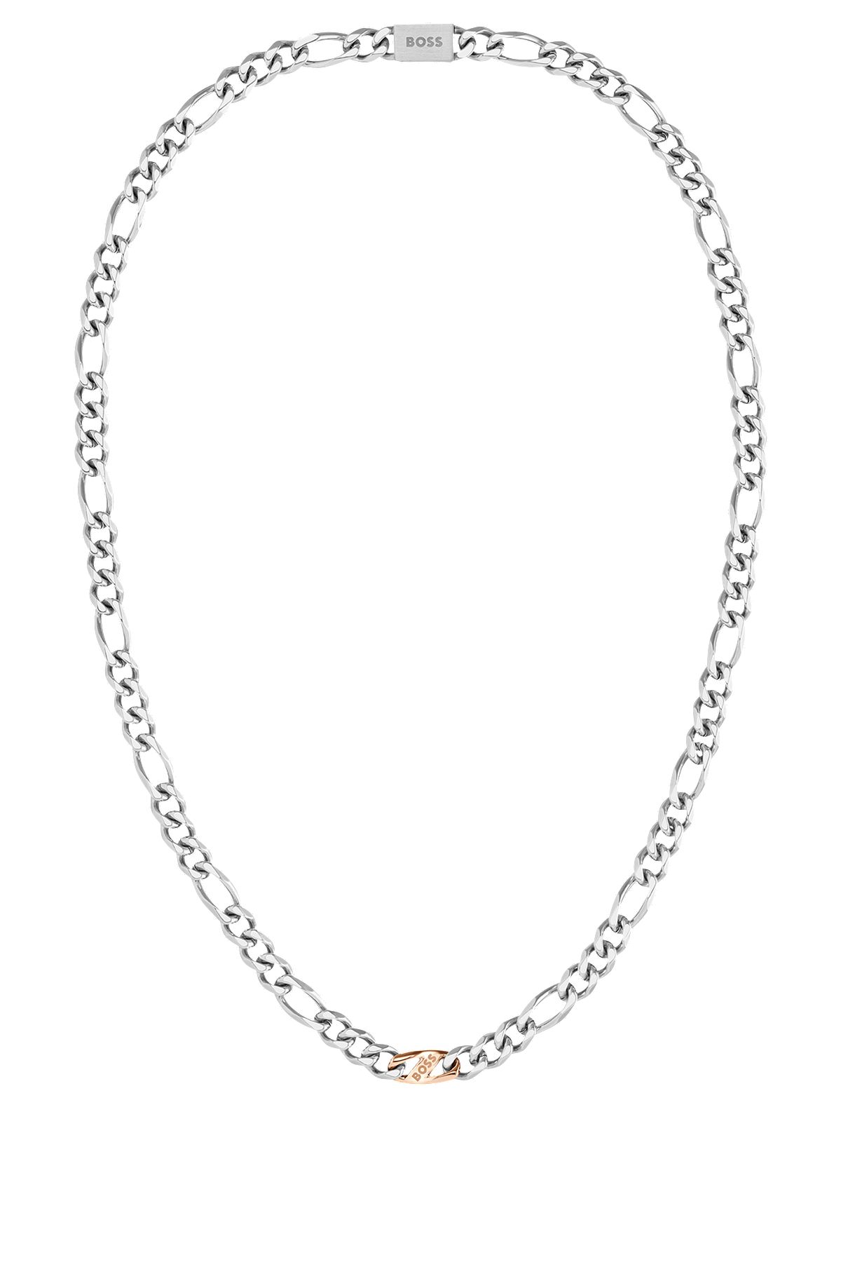 Silberfarbene Halskette im Figaro-Stil mit Logo-Glied, Silberfarben