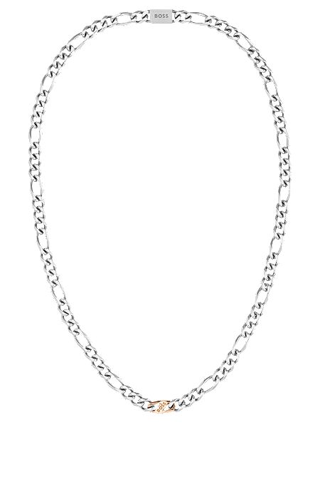 Silberfarbene Halskette im Figaro-Stil mit Logo-Glied, Silberfarben