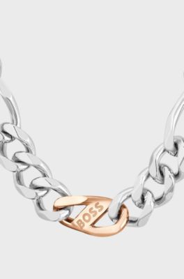 Silver-tone figaro-chain necklace with branded link, Silver tone