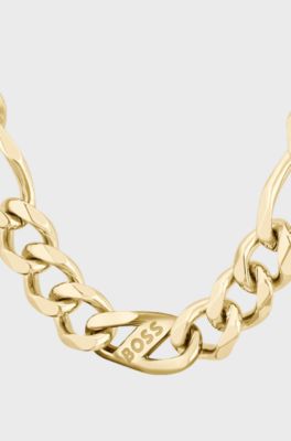 Gold-tone figaro-chain necklace with branded link, Gold tone