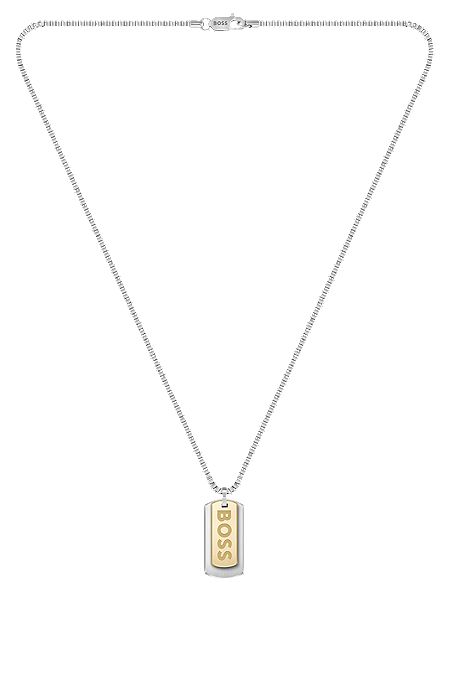 Box-chain necklace with branded double-tag pendant, Silver