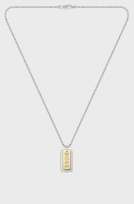Box-chain necklace with branded double-tag pendant, Silver tone