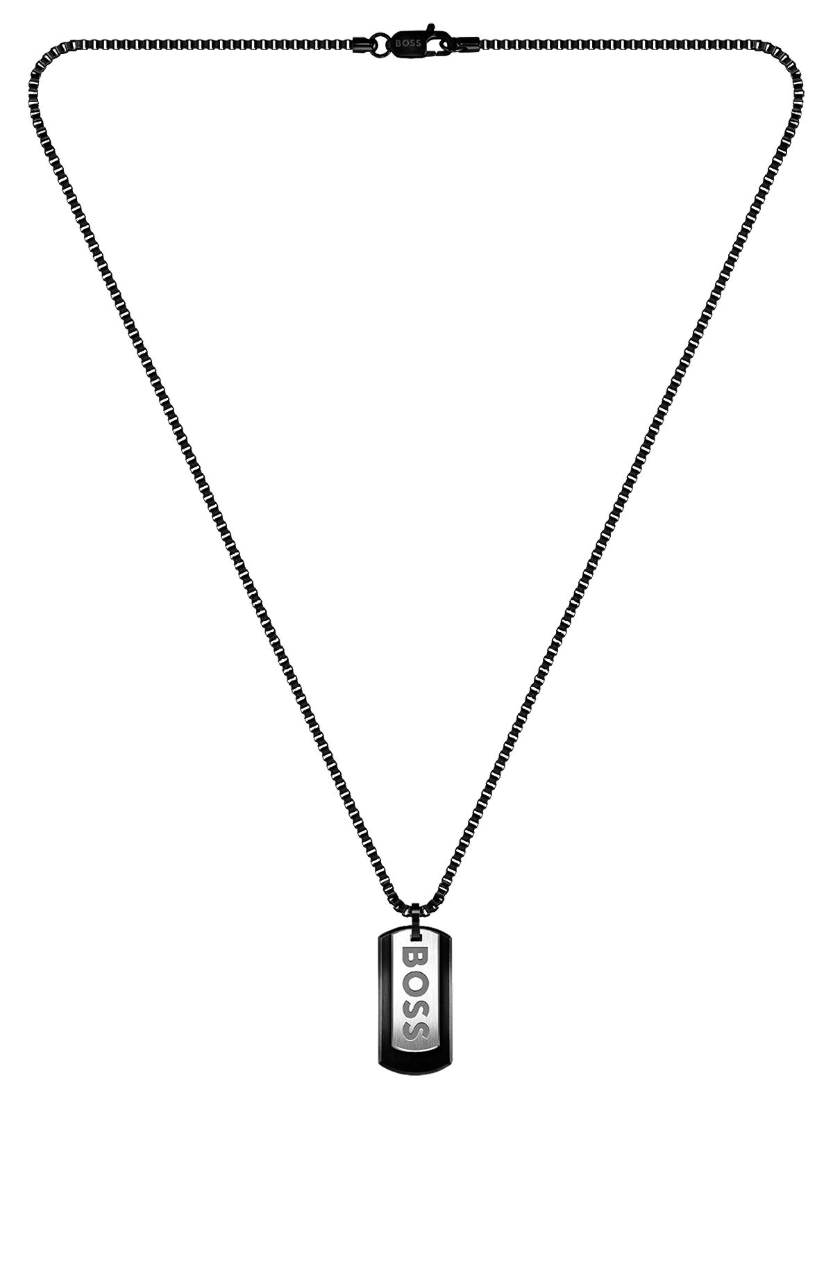 Halskette aus schwarzem Edelstahl mit zwei Logo-Tags, Silberfarben