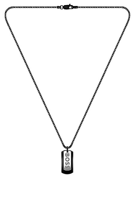 Halskette aus schwarzem Edelstahl mit zwei Logo-Tags, Silberfarben