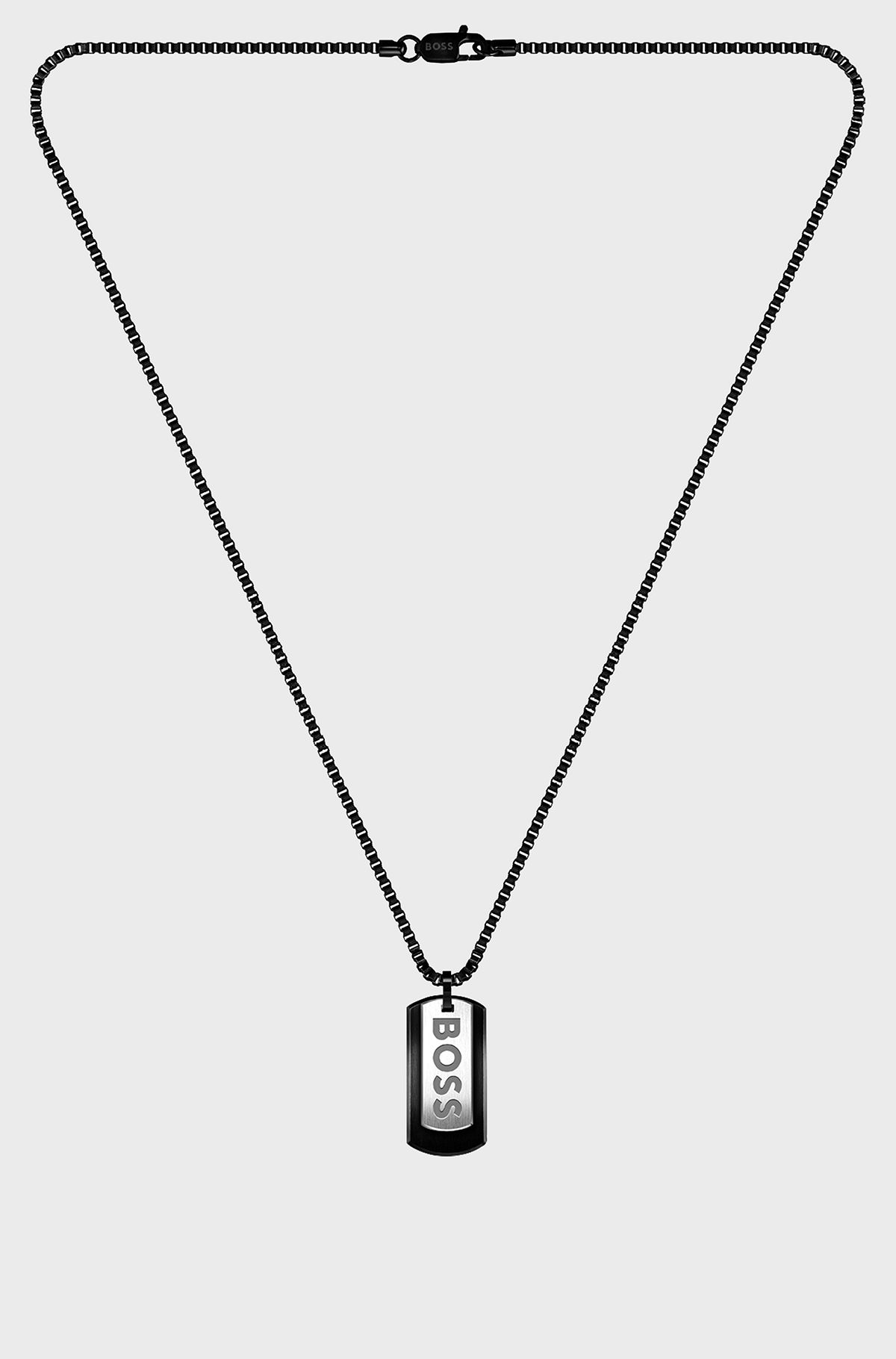 Black-steel necklace with double-tag logo pendant, Silver tone