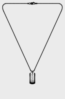 Black-steel necklace with double-tag logo pendant, Silver tone