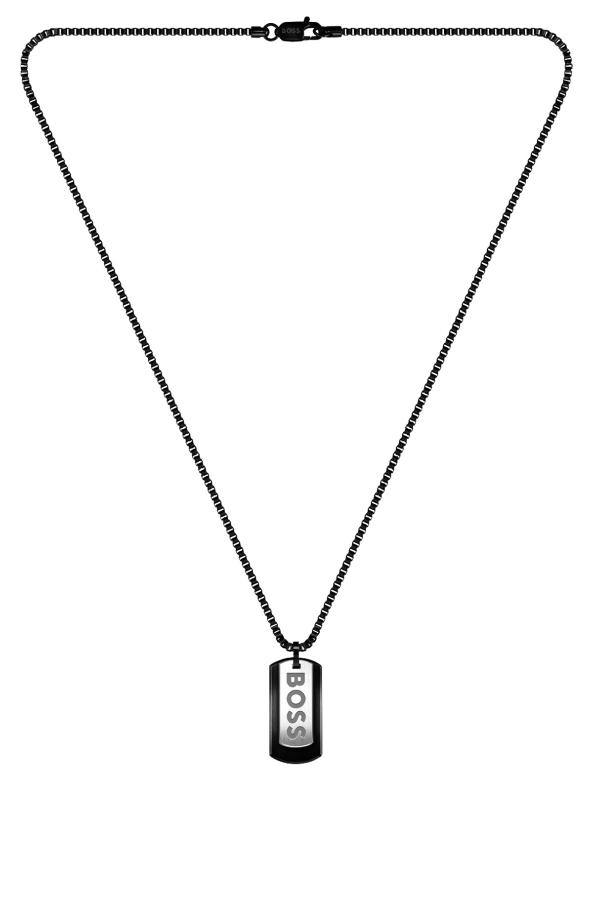 Black-steel necklace with double-tag logo pendant, Silver tone