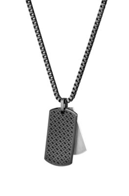 Black-steel necklace with double-tag logo pendant, Silver tone