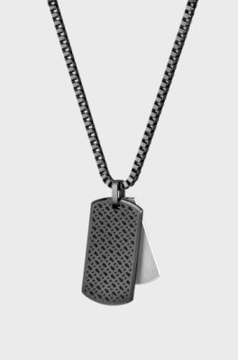 Black-steel necklace with double-tag logo pendant, Silver tone