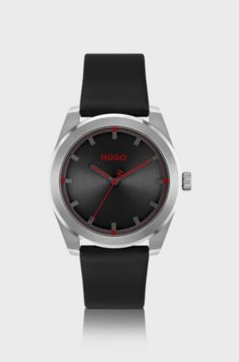 Leather-strap watch with brushed black dial, Black