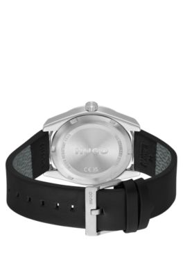 Leather-strap watch with brushed black dial, Black
