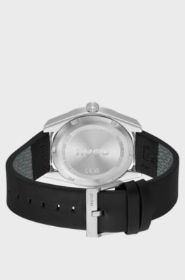 Leather-strap watch with brushed black dial, Black