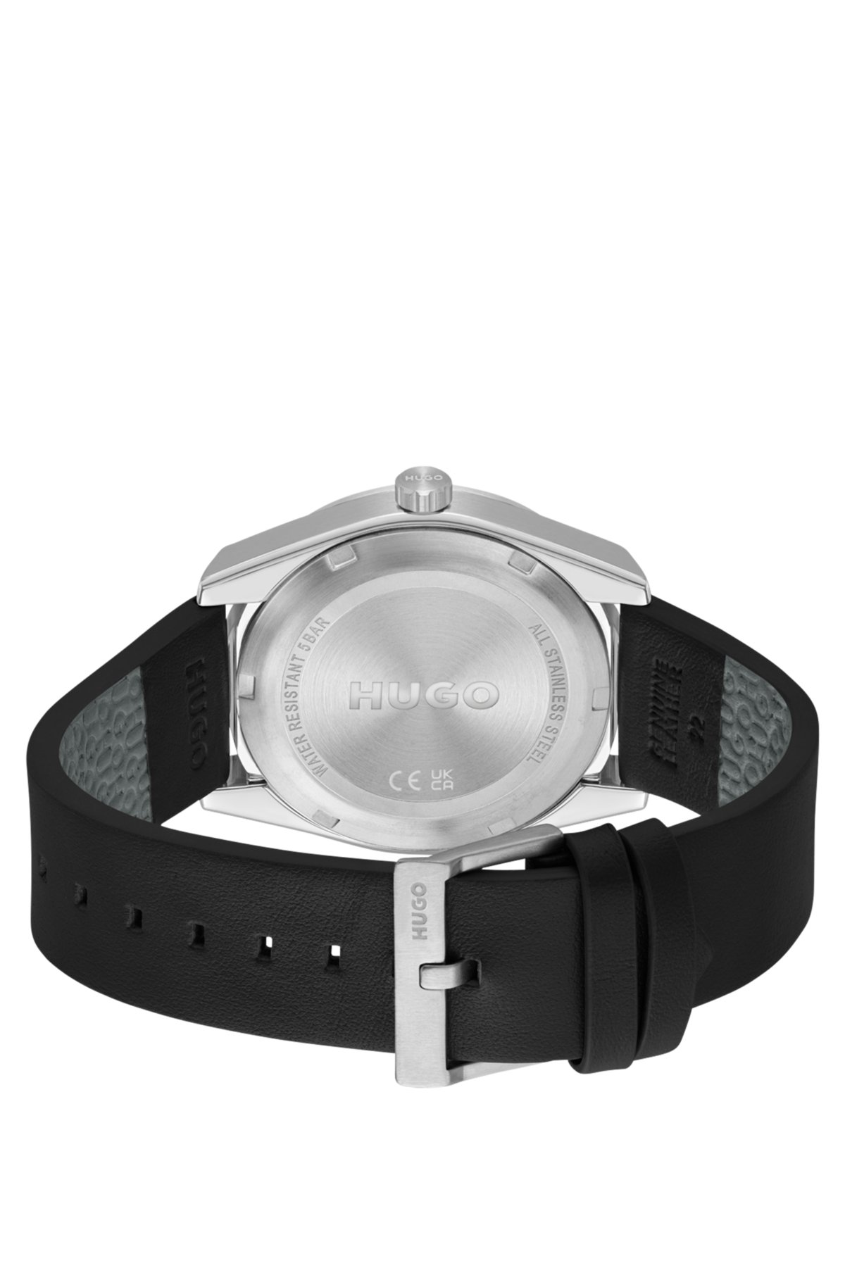 Leather-strap watch with brushed black dial, Black